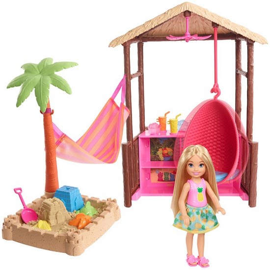 Barbie® Chelsea™ Doll and Tiki Hut Playset with 6-inch Blonde Doll, Hut with Swing, Hammock, Moldable Sand, 4 Molds and 4 Storytelling Pieces ● Sales