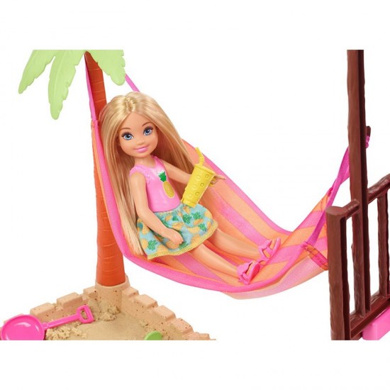 Barbie® Chelsea™ Doll and Tiki Hut Playset with 6-inch Blonde Doll, Hut with Swing, Hammock, Moldable Sand, 4 Molds and 4 Storytelling Pieces ● Sales
