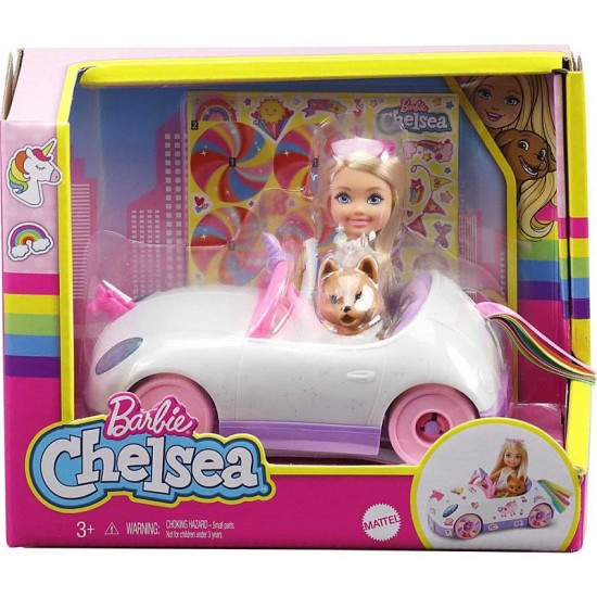 Barbie® Club Chelsea™ Doll (6-inch Blonde) with Open-Top Unicorn Car & Sticker Sheet ● Sales